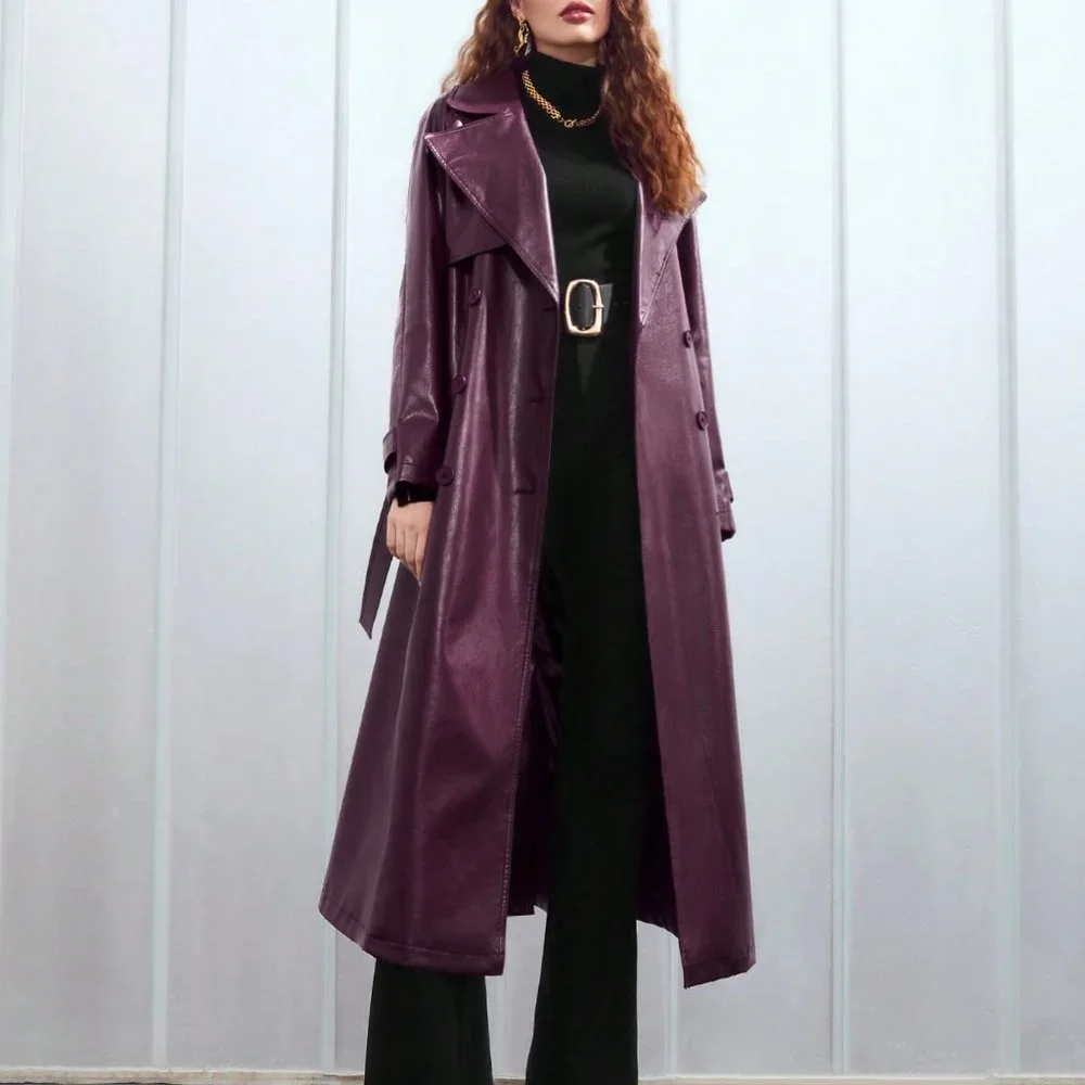 PURPLE PREPPY WOMENS PU LEATHER BELTED TRENCH COATS - Picture 4 of 5